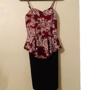 Burgundy with white flower designs and tight black bottom dress